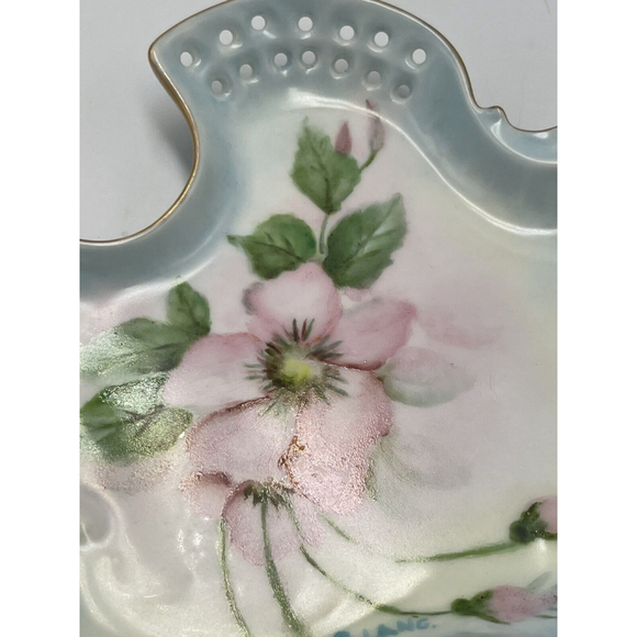 Hand Painted Reticulated Porcelain Trinket Dresser Jewelry Dish Signed Date 1961 - Picture 7 of 8